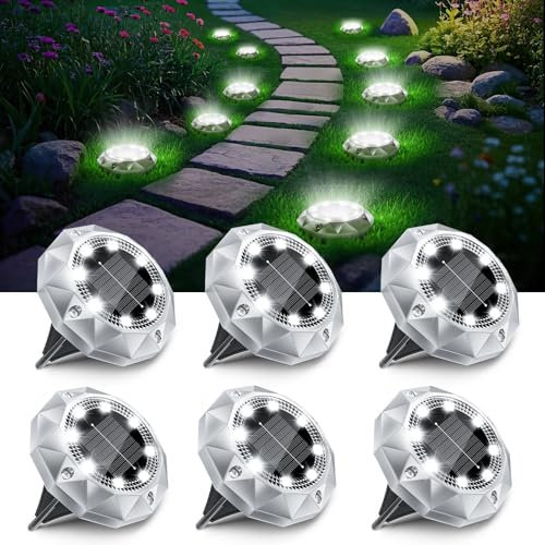 FIFlying 6 Pack Solar Ground Lights Outdoor, IP65 Waterproof Diamond LED Garden Lights - Auto On/Off Pathway Lighting for Driveway, Patio, Lawn & Landscape Decor | 8 Bright LEDs | Cool White