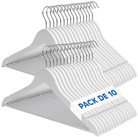 Mundo Home 10X Perchas Madera Blanca Maciza para Ropa - Perchas de Madera con Gancho Giratorio 360º - Perchas para Pantalones, Camisa, Traje, Vestidos - Colgadores de Ropa Antideslizante para Hogar