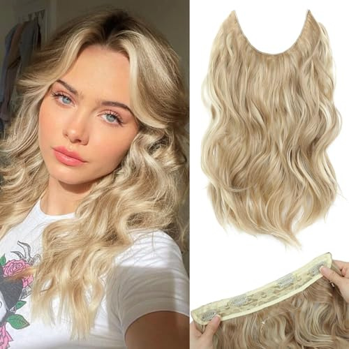MORICHY Unsichtbare Draht-Haarverlängerungen, 36 cm kurze gelockte Haarverlängerungen mit transparentem Draht, verstellbare Größe, 4 sichere Clips, schmutzigblondes Haar mit braunen Highlights, kurze