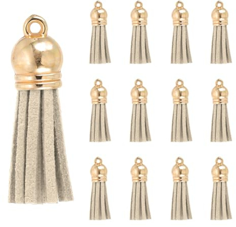 PATIKIL 30 Stück 38x10mm Hellkhaki Gold Leder Quasten Anhänger | Mit Metallkappen, Für Handtaschen Taschenanhänger Handykette Ohrringe Halskette Schlüsselanhänger Basteln Schmuckherstellung