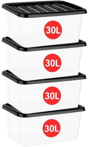 Marco Paul 4 x 30 Litre Clear Plastic Storage Boxes With Lids Set of 4, Strong Multipurpose Stackable Plastic Storage Box With Lid 30L Clear Containers For Home, Kitchen, Garage, Office