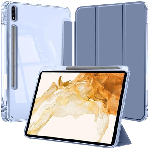 Funda para Samsung Galaxy Tab S8 Plus 2022 / S7 FE 2021 / S7 Plus 2020 12,4 Pulgadas con S Pen Soporte, Slim Clara Transparente Trifold Folio Tableta Carcasa, Auto-Sueño/Estela, Lavanda