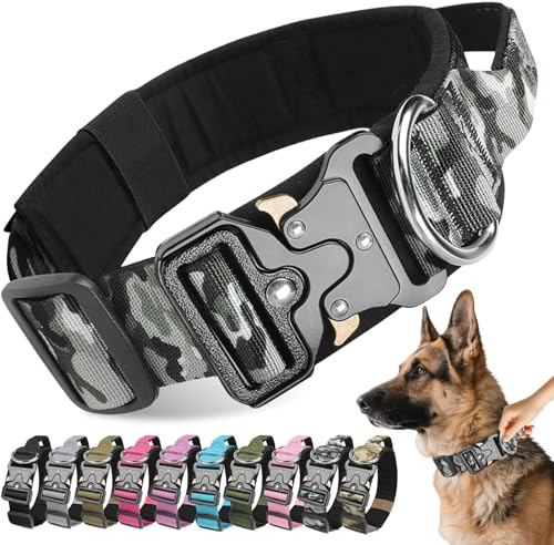Viugex Hundehalsband Verstellbar mit Kontrollgriff, Taktisches Nylon Hunde Halsband mit Metallschnalle, Langlebig, Wetterfest & Komfortabel, für Welpen Kleine Mittlere Große Hunde (Grau Camouflage, L)