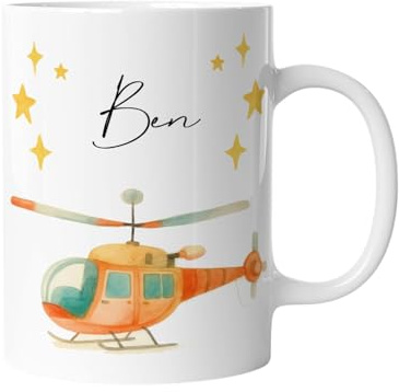 Tasse mit Namen | Hubschrauber | Personalisierte Kindertasse mit Fahrzeugen | Keramik für Kinder, Jungen & Mädchen – Geschenk, Kinderbecher, Namenstasse Aquarell wasserfarben