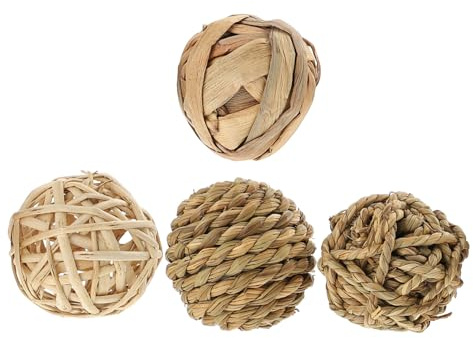 BAZEITFLOW 4 Stück-Pack Geflochtene Strohballen Kauspielzeug aus Naturgras für Kaninchen Hamster Meerschweinchen Kleintiere Käfig Zubehör