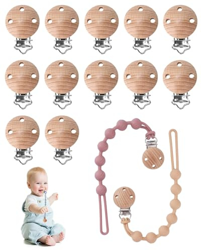 IPNSDON 12 piezas de sujetachupetes de madera, sujetachupetes para bebés, sujetachupetes, evita que el chupete se caiga o se pierda, accesorios para sujetachupetes DIY, bricolaje