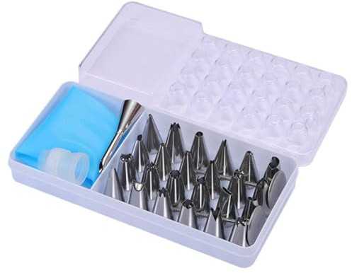 Gettimore Set di 28 beccucci per tubazioni in acciaio inox con connettore e scatola per la conservazione di torte, cupcake, biscotti e pasticceria, punte in acciaio resistente 430 e sacchetto in TPU