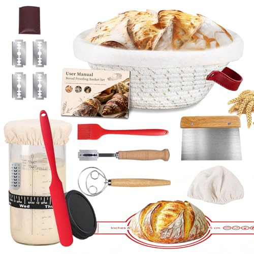 Gärkörbchen Sauerteig Starter Set, 700ml Sauerteig Glas, Gärkorb rund 25cm & Liner – Komplettes Brot Backen Zubehör, handgefertigtes Brotbackzubehör für Bäcker und Brotback Anfänger