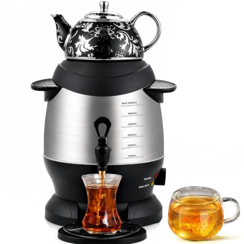 Turkisk Tebryggare, 1800 W Elektrisk Turkisk Samovar Med 5 L Rostfritt Stål Och 1 L Keramisk Tekanna, Hålla Varm Funktion, För Kaffe, Doftte, Turkiskt Te black