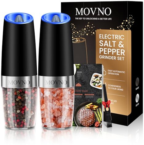Gravity Electric Salt and Pepper Grinder Set, Battery Powered LED Light One Hand Automatic Operation, Adjustable Coarseness Mill Grinders Shakers Black (A.Black 2p)