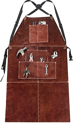 Yorbay Schweißerschürze aus Leder Hitzebeständige Flammhemmende Arbeitsschürze mit 5 Taschen Einstellbare Schutzkleidung