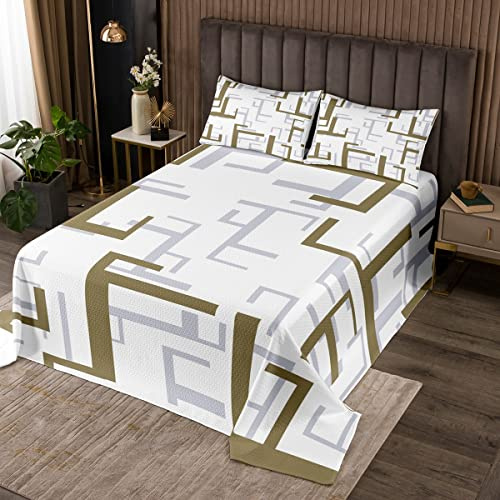 Homewish Moderne Tagesdecke mit geometrische Muster Braun Gitterquadrat Karomuster gesteppt 220x240 cm für Kinder abstrakte Linien Plaid Bettwäsche geometrische Textur Jungen Schlafsaal Dekor