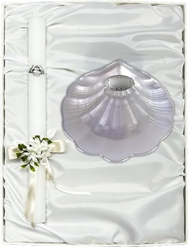 Estuche de Bautizo de Vela con Lazo y Concha. Con apliques Laminados en Plata de Ley 925‰ y Personalizado. (09450)