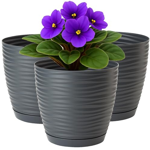Home Garden Ornaments Blumentopf Übertopf Set 3er Kunststoff Ø 11 cm Anthrazit – Pflanztöpfe mit Drainagelöchern & integriertem Untersetzer, Wellenstruktur, für Innen & Außen