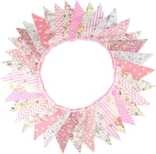 Daaxing 36 Stück große Stoff-Wimpelkette, 100 cm, Blumen-Wimpelkette, Baumwolle, Vintage, für Hochzeit, Babyparty, Garten, Geburtstagspartys, Heimdekoration (Rosa)