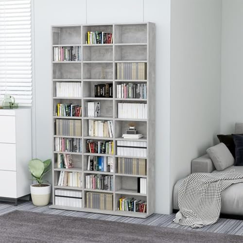 Homgoday CD-skåp betonggrått 102 x 16 x 177,5 cm tekniskt trä, CD-torn med öppna fack, förvaringsskåp CD- och DVD-hylla för vardagsrum, sovrum, kontor