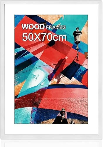 HOHIYO Cornice portafoto 50 x 70 cm, in legno nero, con passepartout di carta, 40 x 60 cm e vetro plexi, infrangibile, da appendere (bianco)