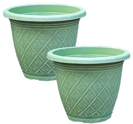 Fyne-Finds Set of 2 Round 33cm 13inch Garden Plant Pot Woven Flower Outdoor Decor Planter Frost Proof, Weatherproof, Drainage Hole (Moss Green)