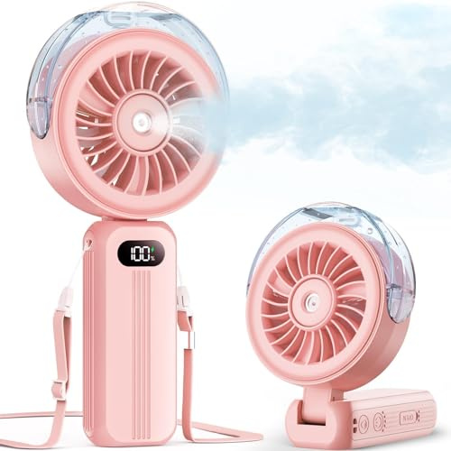 Otlonpe Ventilador de mano portátil, potente 4 velocidades de alta velocidad, recargable, pequeño ventilador de mano, niebla de agua, funciona con batería de 4000 mAh, plegable, cordón, refrigeración