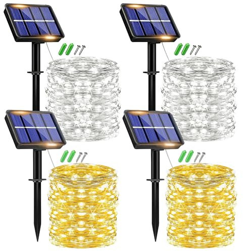 plainshe Solar Lichterkette Aussen, 15M 150 LED Lichterkette Solar Außen Wetterfest, 8 Modi Kupferdraht Lichterkette Outdoor Wasserdicht für Garten Terrasse Balkon (2P Warm Weiß + 2 Weiß)