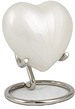 Urna de cremación pequeña de Aluminio con Forma de corazón para Cenizas con Nueva Tapa Mejorada, Mini urna Conmemorativa de corazón con Caja y Soporte (Aluminio Blanco Perla)