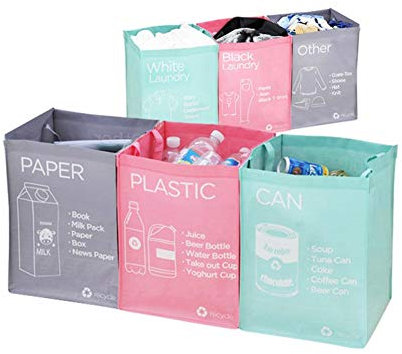 Ribens 12.0 liters Fabric Recycling Bin Set (Gray, Pink, Mint) - Square Waterproof In-home Recycling Bins with Handles, Hook and Loop for Convenient Separation of CAN, PLASTIC, PAPER