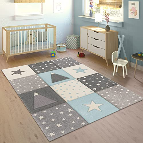 Paco Home Alfombra Infantil Pastel Cuadros Puntos Corazones Estrellas Blanco Gris Azul, tamaño:120x170 cm