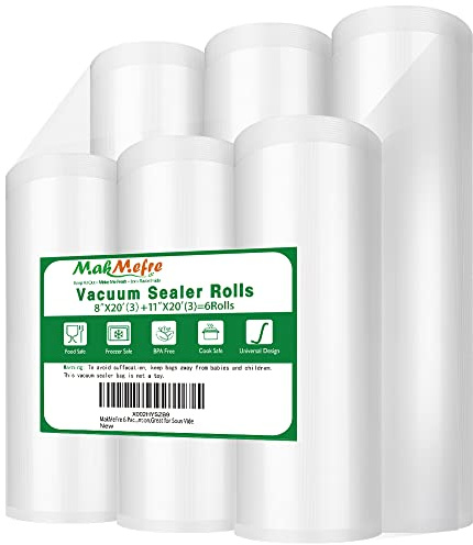 MakMeFre 6 Pack 8x20'(3Rolls) and 11x20' (3Rolls) Vacuum Sealer Bags Rolls for Food,Commercial Grade, BPA Free,Puncture Prevention,Great for Sous Vide Cooking