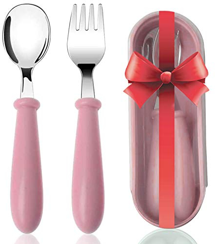 Toddler Fork and Spoon Set, Acehome Stainless Steel Baby Cutlery Set with Travel Case Dishwasher Safe for Kids, Children Flatware Weaning and Learning to Use (Pink)