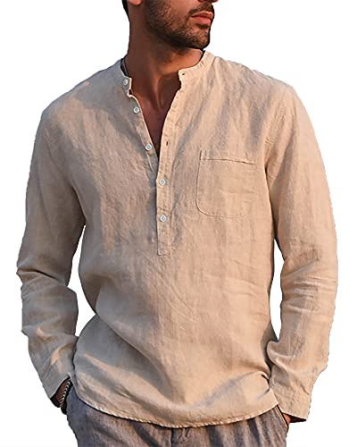 LVCBL Camicia da Uomo A Maniche Lunghe Estiva per Il Tempo Libero in Lino Vestibilit Normale Cachi L