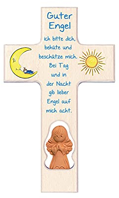 Fritz Cox Engelkreuz Abendgebet mit handgearbeitetem Schutzengel aus Ton für Kinder, Mädchen und Jungen-natürlich
