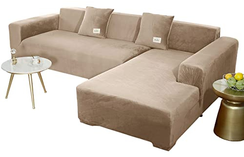 JHLD Stretch Samt Sofabezug L Form-Kamel-2 Sitzer+3 Sitzer | Weich Bequem Anti-rutsch überzug ecksofa Waschbarer Für Kinder Haustiere Hunde Katzen