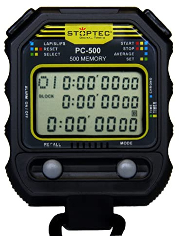 Stoptec Stoppuhr PC-500 (500 Memory Speicher|Uhrzeit & Datum|Dualtimer) - Digital Profi Stoppuhr mit Druckpunktmechanik | spritzwasserfest |Trainer