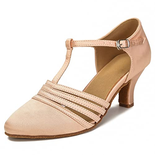 KleeKlcc Closed Toe Women's Ballroom Dance Shoes Latin Salsa Dance Shoes T-Strap Dance Sandals ZB12(8,Nude-2.5 Inch Heel)