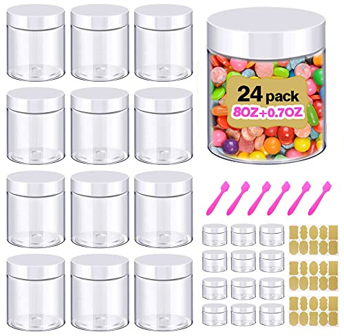 12pcs 8oz/250ml Slime Containers with Lids + 12pcs 20g Sample Containers | Plastic Jars, Cosmetic Sample Jars with White Lids, for Dry Food, Peanut Butter, Cream, Sugar Scrub, With Lables & Spatulas