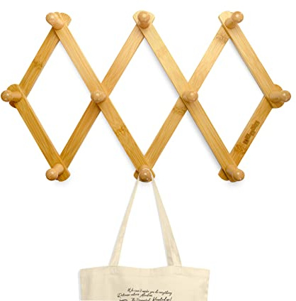 luXva® Garderobenhaken aus Bambus mit 10 Haken, faltbarer Kleiderhaken aus Holz für Jacken, Mäntel, Schals, Handtaschen, Hüte u. Mehr, Design Garderobenleiste ausziehbar, Natur