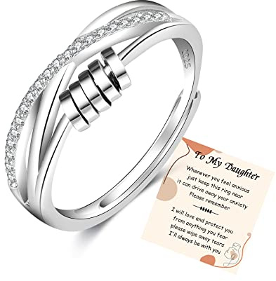 PABBEU To My Daughter Fidget Ring Sterling Silver Anxiety Ring Adjustable Fidget Ring Stress Spinner Rings with Beads Cubic Zircon Anxiety Ring for Daughter Women Girls