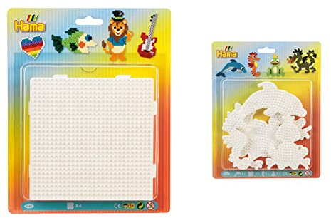 Hama Perlen 4581 Große Stiftplatten 4er Set & Hama Perlen 4584 Große Stiftplatten 4er Set für Midi Bügelperlen mit Durchmesser 5 mm, Motive Delfin, Drache, Seepferdchen und Kleiner Frosch in weiß