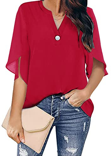 Damen Bluse, Damen Chiffonbluse Mode Schlicht Rot V-Ausschnitt Pullover Shirts Tops Lässig Locker Geschlitzt 3/4 Ärmel Button-Down-Blusen Sommer Elegant Tunika Tops T-Shirts,L