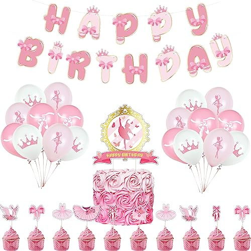 RZDQZY Ballerina Birthday Decoration Pack - Ballerina Balloons, Cake Decorations, Birthday Banner - Pink
