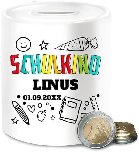 Spardose - Schulanfang & Einschulung Bedruckt - Schulkind Scribble - Unisize - Weiß - personalisierte Geschenke schulanfänger 2023 Schule schulkinder Keramik mädchen Name schuleingangs Datum