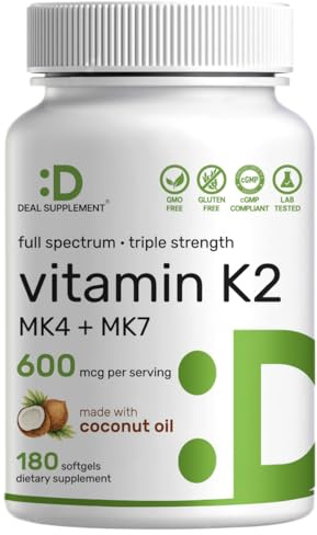 DEAL SUPPLEMENT Vitamin K2 Supplement 600mcg, 180 Coconut Oil Softgels | Full Spectrum High Absorption MK-7 & MK-4 Forms | Bone, Joint, & Immune Support – Non-GMO