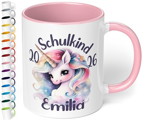 True Statements personalisierte Tasse Schulkind 2026, Rosa, Geschenk zur Einschulung für Mädchen, 330 ml Keramiktasse mit Einhorn, Einschulungsgeschenk 1. Klasse