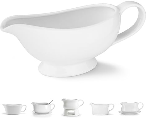 Kook Ceramic Gravy Boat, Serving Dispenser, Porcelain Pitcher for Sauces, Dressings and Creamer, Large Handle, Microwave and Dishwasher Safe, 21 oz, White