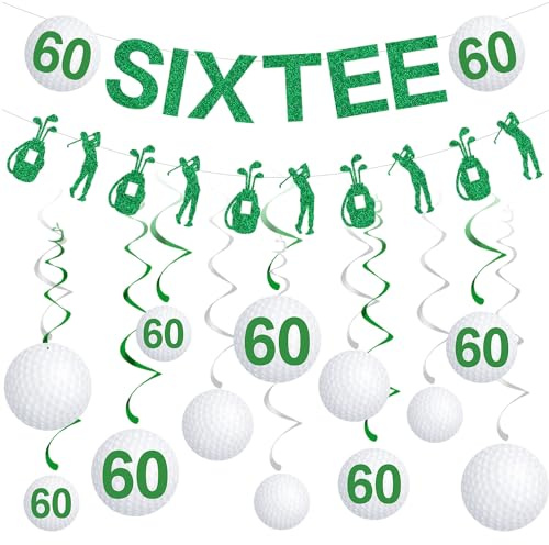Gameza 60th Birthday Decorations for Men - 14PCS Golf Birthday Party Decorations 60th Birthday Decorations Women Men Golf Glitter Sixtee Banner Hanging Swirls 60th Golf Theme Bday Party Decorations