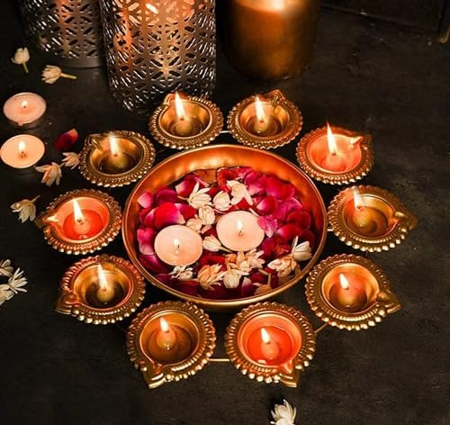 OSNICA Dekorative Urli-Schüssel aus Messing, Diya-Form, für Zuhause, handgefertigte Schüssel für schwimmende Blumen und Tischdekoration, Artikel für Diwali-Dekoration zu Hause, 35,6 cm (Design 02)