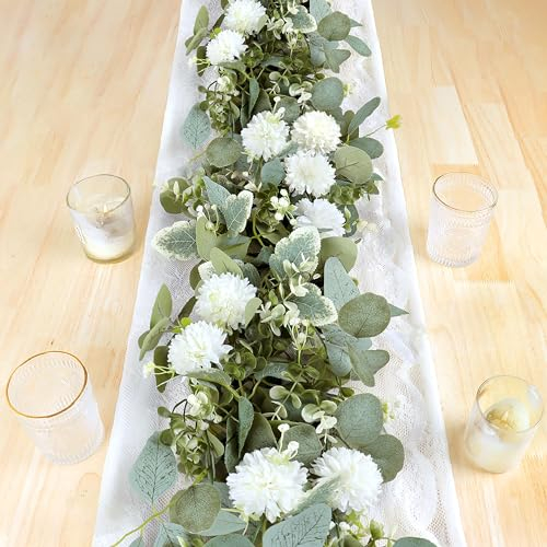 UXORSN 2PCS/13FT Silk Hydrangea Christmas Artificial Eucalyptus Flower Garland Faux Greenery Vine Butterfly Leaves Ivy Hanging Plants Fake Floral Garland for Home Wedding Christmas Table Decor