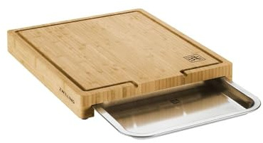 ZWILLING BBQ+ Schneidbrett mit Auffangschale, Saftrille, 39 x 30 x 5 cm, FSC-zertifizierter Bambus, Schale aus Edelstahl, Braun