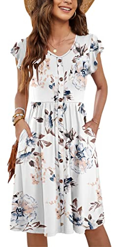 MOLERANI Women Summer Dresses V Neck Ruffle Sleeve Casual Swing Elastic Waist Midi Dress with Pockets