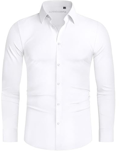 Alimens & Gentle Stretch Mens Dress Shirts Tuxedo Shirts for Men Slim Fit Long Sleeve Casual Skinny Muscle Fit Wrinkle Free Button Down Shirt White